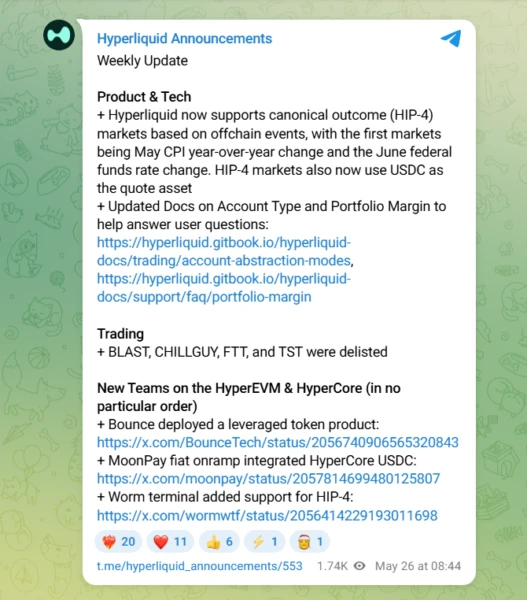 Hyperliquid announces the launch of canonical prediction markets.