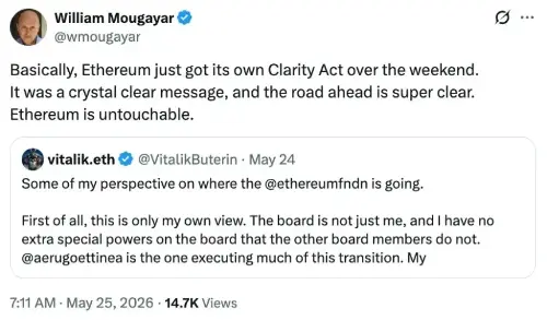Vitalik Buterin 表示,以太坊基金会的角色被明确为生态系统中的“一个节点”